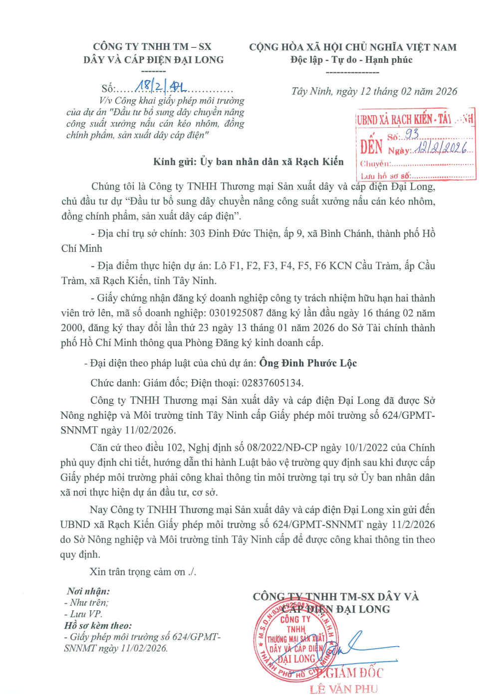 CÔNG TY TNHH TM SX DÂY VÀ CÁP ĐIỆN ĐẠI LONG ĐƯỢC SỞ NÔNG NGHIỆP VÀ MÔI TRƯỜNG TỈNH TÂY NINH CẤP GIẤY PHÉP MÔI TRƯỜNG